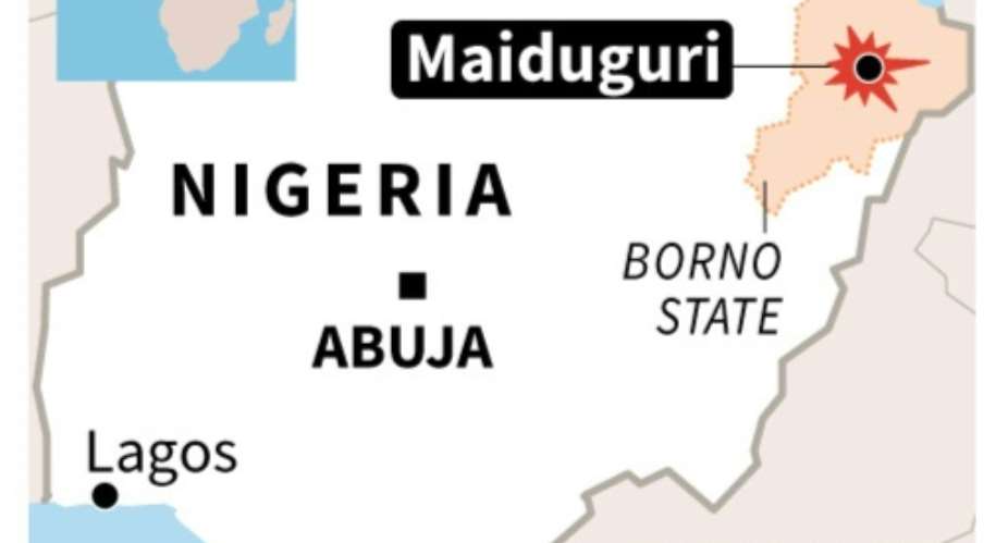 Map of Nigeria locating the northeastern city of Maiduguri, where at least 10 people were killed in suicide bombings on Thursday night, the military say.  By G. Handyside AFPFile