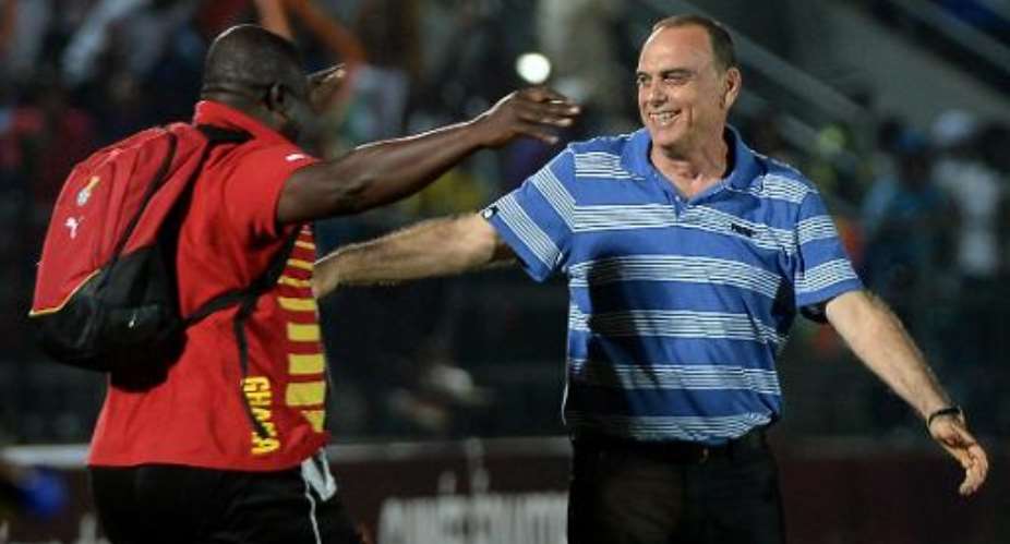 Avram Grant right celebrates after Ghana beat South Africa in an African Cup of Nations group C match in Mongomo on January 27, 2015.  By Khaled Desouki AFP