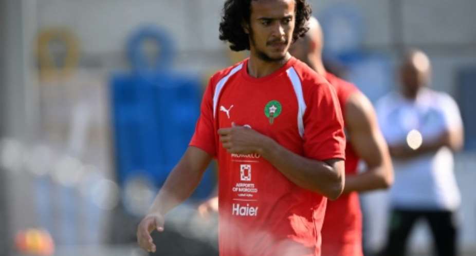 Ayyoub Bouaddi training with Morocco at the World Cup.  By Mauro PIMENTEL (AFP)