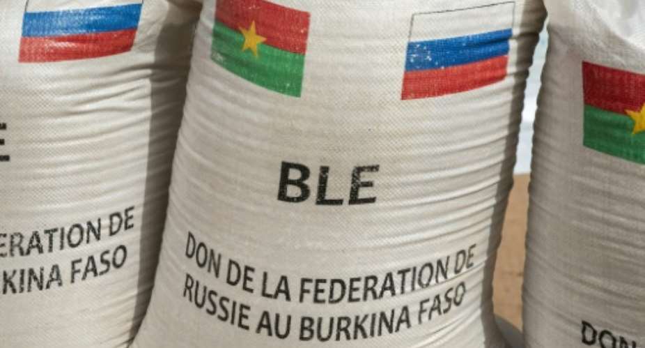 Bags of Russian wheat donated to Burkina Faso were displayed at an official donation ceremony in Ouagadougou. Russia has been stepping its diplomatic and military activities in western Africa.  By FANNY NOARO-KABR AFP