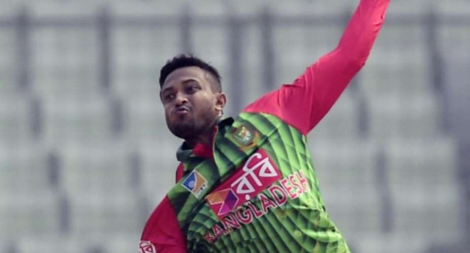 Bangladeshi cricker Shakib Al Hasan delivers the ball during the first One Day International ODI cricket match of the Tri-Nations Series between Bangladesh and Zimbabwe at the Sher-e-Bangla National Cricket Stadium in Dhaka on January 15, 2018..  By  AFP