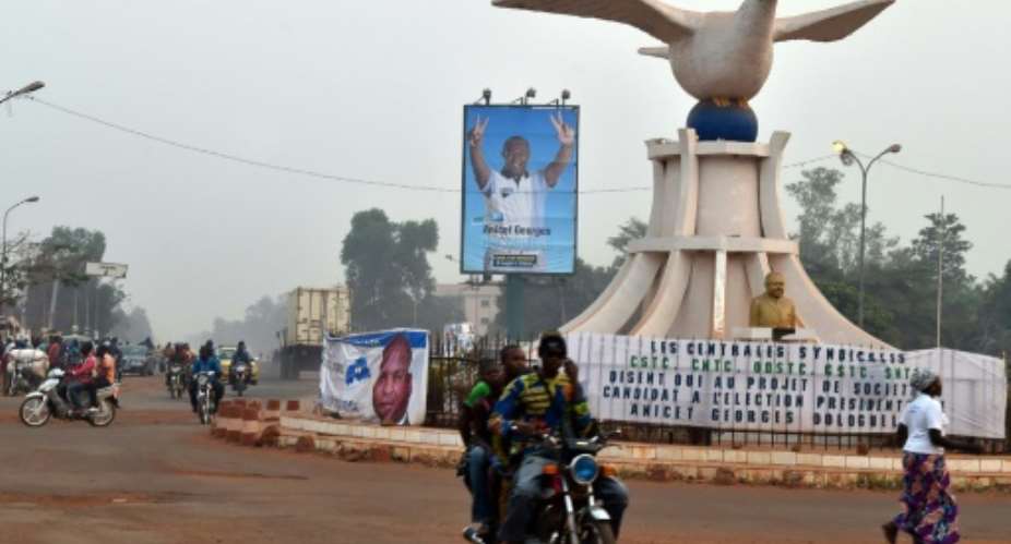 Billboards supporting Anicet Georges Dologuele and Faustin Archange Touadera in a Bangui Street.  By Issouf Sanogo AFP