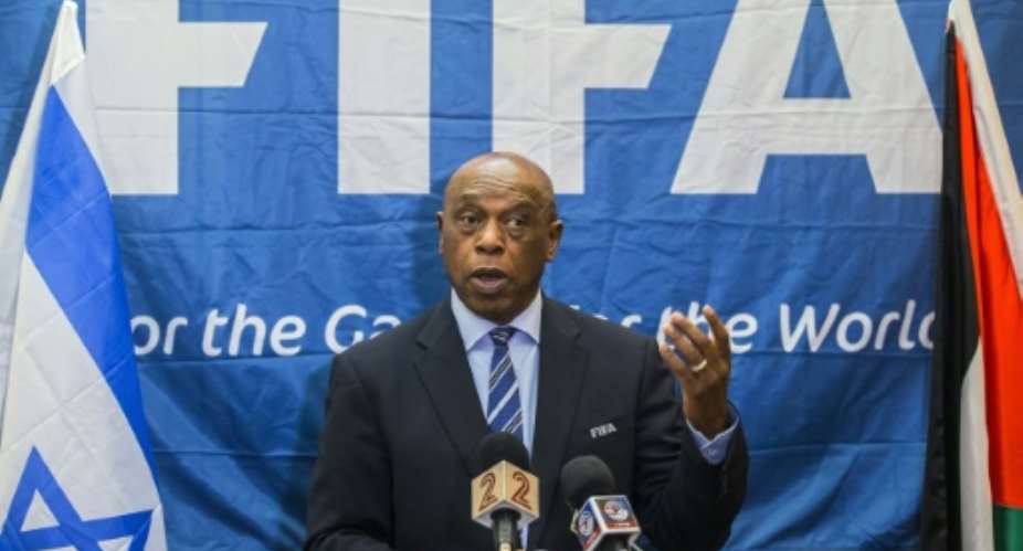 Chairman of the FIFA monitoring committee for Israel and Palestine, Tokyo Sexwale, speaks during a press conference in the Israeli Mediterranean coastal city of Tel Aviv on October 2, 2015.  By Jack Guez AFPFile