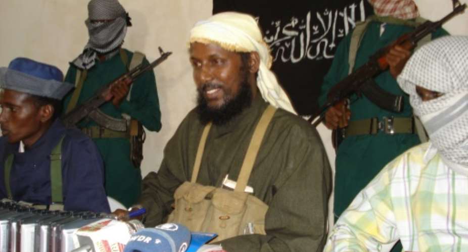 Before defecting from Somalia's jihadist Shabaab movement last year, Muktar Robow used to be one of its leaders and can be seen here giving a news conference in 2008.  By ABDIRASHID ABIKAR AFPFile