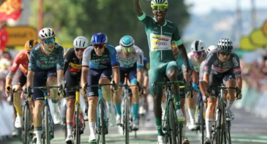 Biniam Girmay celebrates his third Tour de France stage win.  By Thomas SAMSON (AFP/File)