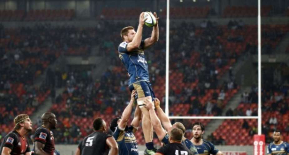 Blake Enever of the Brumbies wins a line out during the Super Rugby match against the Southern Kings at the Nelson Mandela Bay stadium on May 20, 2017 in Port Elizabeth, South Africa.  By MICHAEL SHEEHAN AFP