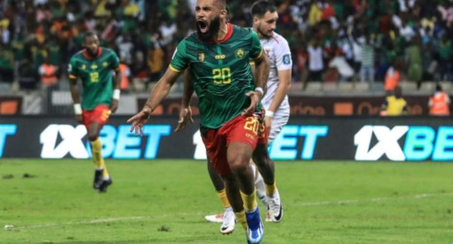 Bryan Mbeumo celebrates after scoring for Cameroon in a 2026 World Cup qualifier against Mauritius in Douala..  By DANIEL BELOUMOU OLOMO AFP