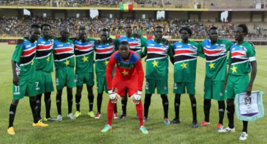 South Sudan's players pictured in the Malian capital Bamako during their 2017 African Cup of Nations qualifier against Mali on June 13, 2015.  By Habibou Kouyate AFPFile
