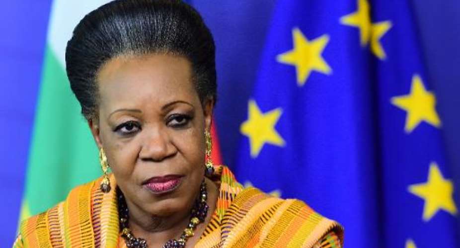 Central African Republic interim President Catherine Samba-Panza gives a press conference in Brussels, on May 26, 2015.  By Emmanuel Dunand AFP