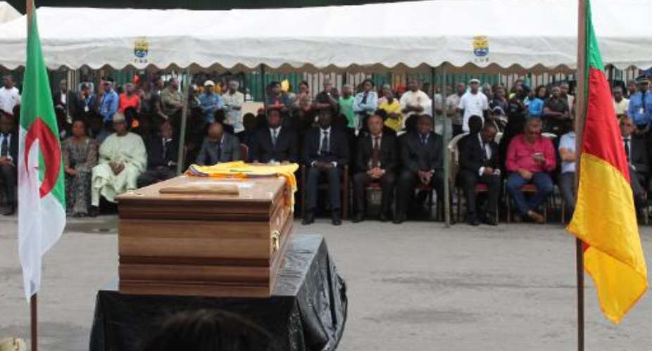 The coffin of Cameroonian footballer Albert Ebosse is pictured during a ceremony in Douala on August 29, 2012.  By Pacome Pabandji AFPFile