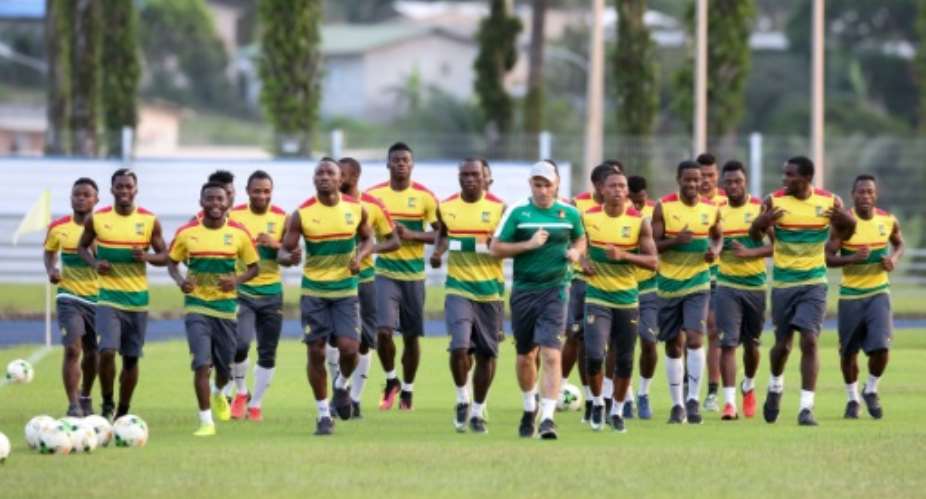 Cameroon's national football team attend a training session at Agondje Stadium in Libreville, on February 3, two days ahead of the final of the 2017 Africa Cup of Nations, against Egypt.  By Steve JORDAN AFP