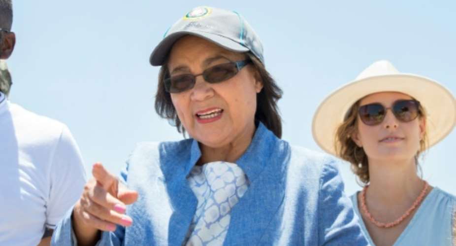 Cape Town City Mayor Patricia de Lille, centre, pictured at a water drilling site in January during the city's drought crisis.  By RODGER BOSCH AFP