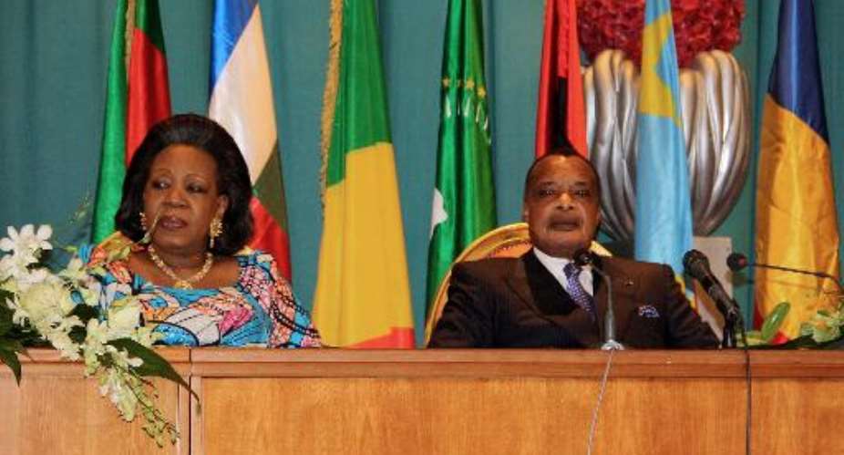 Congo's President Denis Sassou Nguesso R and Central African Republic President Catherine Samba Panza attend talks gathering key players in the Central African conflict, on July 23, 2014, in Brazzaville.  By Guy-Gervais Kitina AFP
