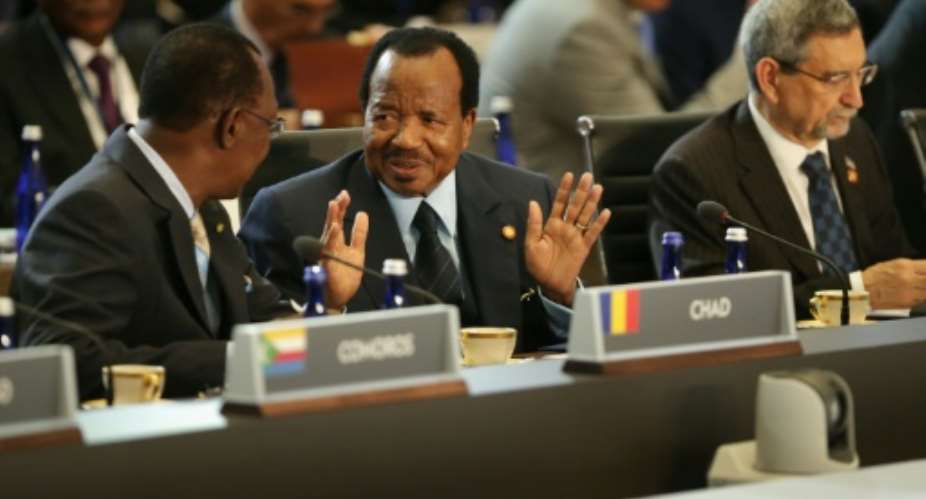 Chadian President Idriss Deby Itno centre, pictured between Cameroonian President Paul Biya and Cape President Jorge Carlos de Almeida Fonseca at a 2014 US-Africa summit.  By CHIP SOMODEVILLA GETTY IMAGES NORTH AMERICAAFP