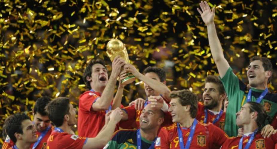 Champions: Spain celebrate their 2010 World Cup victory at Soccer City stadium in Soweto.  By Javier SORIANO AFPFile