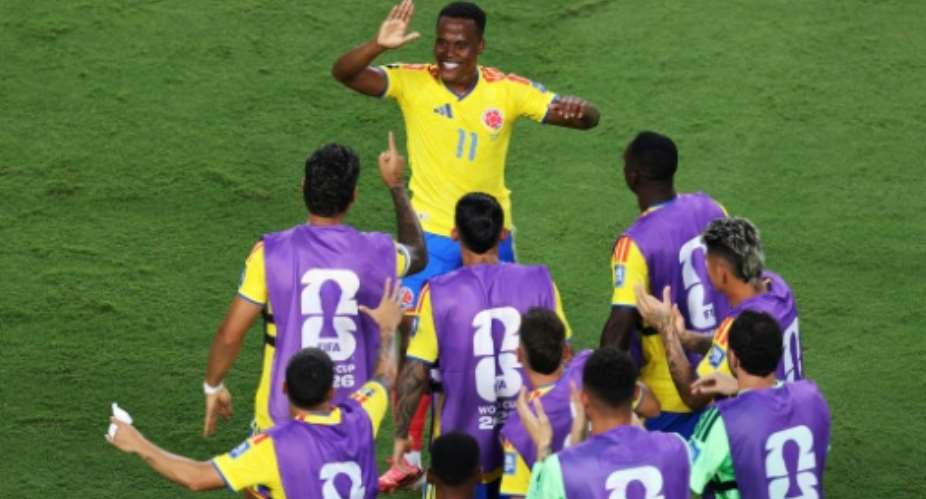 Colombias Jhon Arias celebrates his goal against Ghana in the World Cup round-of-32 match in Kansas City.  By Carl Recine (GETTY IMAGES NORTH AMERICA/AFP)