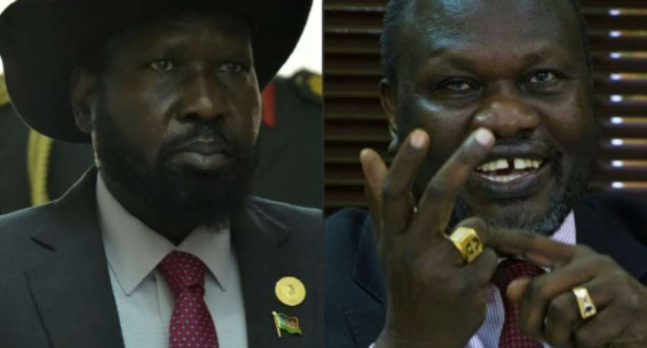 Combination of pictures created on June 19, 2018 shows South Sudan's President Salva Kiir L in Addis Ababa on January 29, 2018 and South Sudan's rebel leader Riek Machar in Kampala on January 26, 2016.  By Isaac KASAMANI, Simon MAINA AFPFile