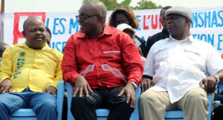 Secretary-general of the Union for the Congolese Nation UNC Jean-Bertrand Ewanga C at a protest called by the Congolese opposition, on August 4, 2014 in Kinshasa.  By Kathy Katayi Kayembe AFPFile