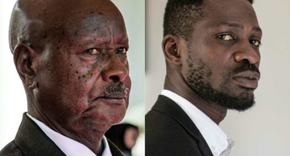 Contenders: President Yoweri Museveni, left, and musician-turned-politician Robert Kyagulanyi, also known as Bobi Wine.  By Sumy Sadurni , YASUYOSHI CHIBA AFPFile
