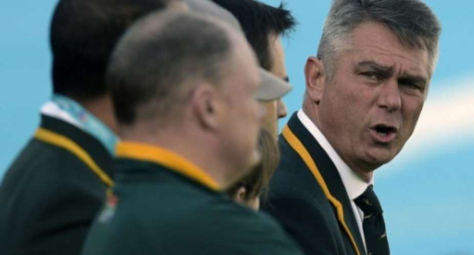 The Agency for a New Agenda lodged an application to block the Spingboks from flying to England next month, a few hours before coach Heyneke Meyer pictured, R named a record nine black players in his World Cup squad.  By Juan Mabromata AFPFile