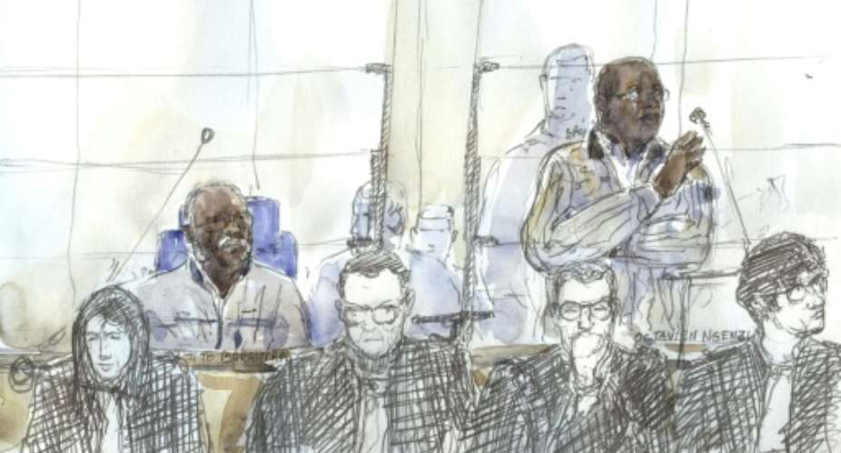 Court sketch on Wednesday, showing Tito Barahira and Octavien Ngenzi, left and right in the background.  By Benoit PEYRUCQ AFP