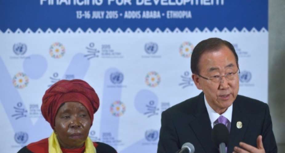 UN Secretary General, Ban Ki-moon R, and African Union Chairperson, Dr Nkosazana Dlamini Zuma, hold a press conference on July 13, 2015 in the Ethiopian capital, Addis Ababa.  By Tony Karumba AFPFile