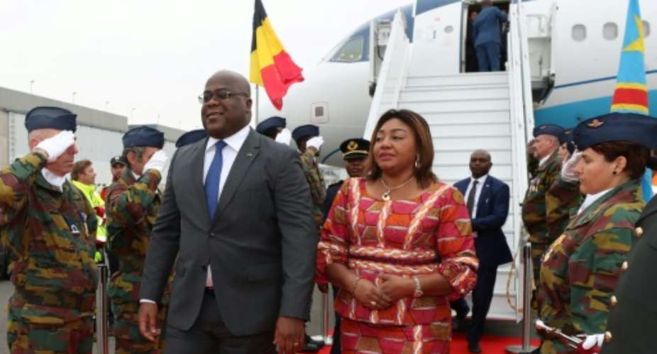 Democratic Republic of Congo's President Felix Tshisekedi and his wife Denise arrive for an official visit in Belgium at the Melsbroek military airport..  By Benoit DOPPAGNE POOLAFP