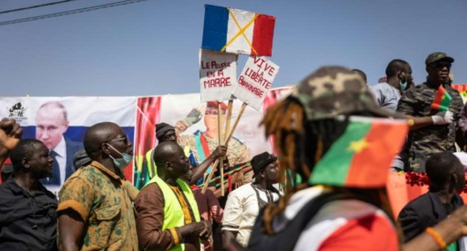 Demonstrators gathered in Burkina's capital Ouagadougou on Friday to demand the French ambassador leave the country and that the French military base there be closed.  By OLYMPIA DE MAISMONT AFP
