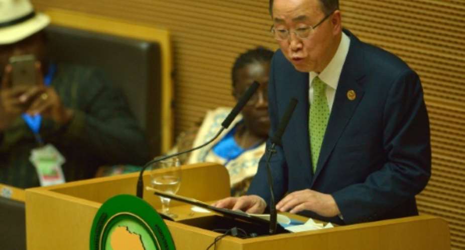 UN Secretary General Ban ki-Moon speaks at the 26th presidential summit of the African Union at the organisation's headquarters in Addis Ababa.  By Tony Karumba AFP