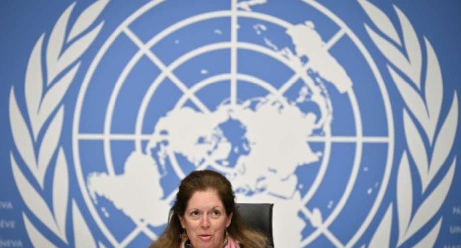 Deputy Special Representative of the UN Secretary-General for Political Affairs in Libya Stephanie Williams speaks during a press conference in Geneva on February 5, following the election of a new interim government for Libya.  By Fabrice COFFRINI AFPFile