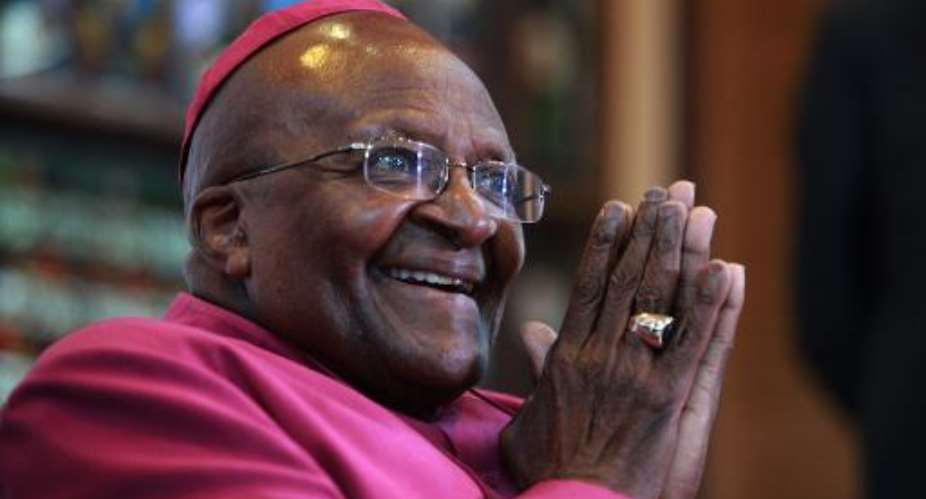 Nobel Peace Laureate Archbishop Desmond Tutu gestures during a press conference at St Georges Cathedral in Cape Town, South Africa, on April 23, 2014.  By Jennifer Bruce AFPFile