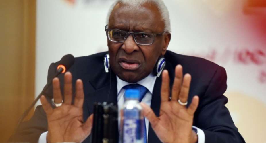 Then International Association of Athletics Federations (IAAF) president Lamine Diack speaks during a press conference in Beijing on August 21, 2015 ahead of the 2015 IAAF World Championships.  By Greg Baker (AFP/File)