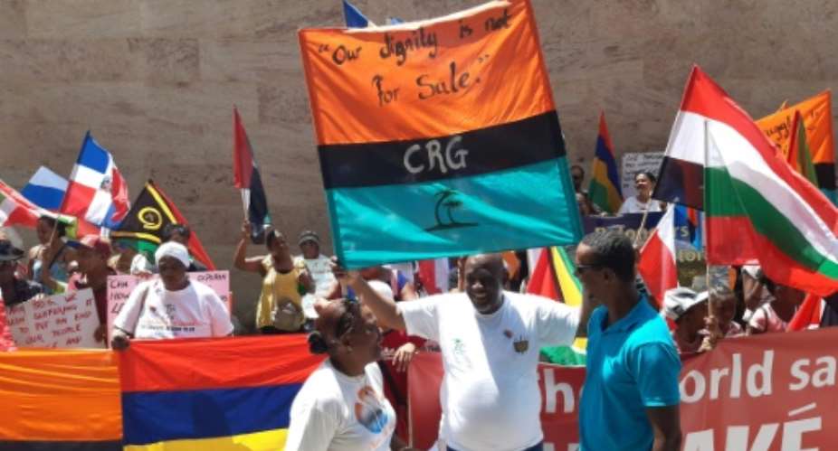 Dozens of demonstrators from the Chagos Islands protested outside the British High Commission on Mauritius.  By Jean Marc POCHE AFP