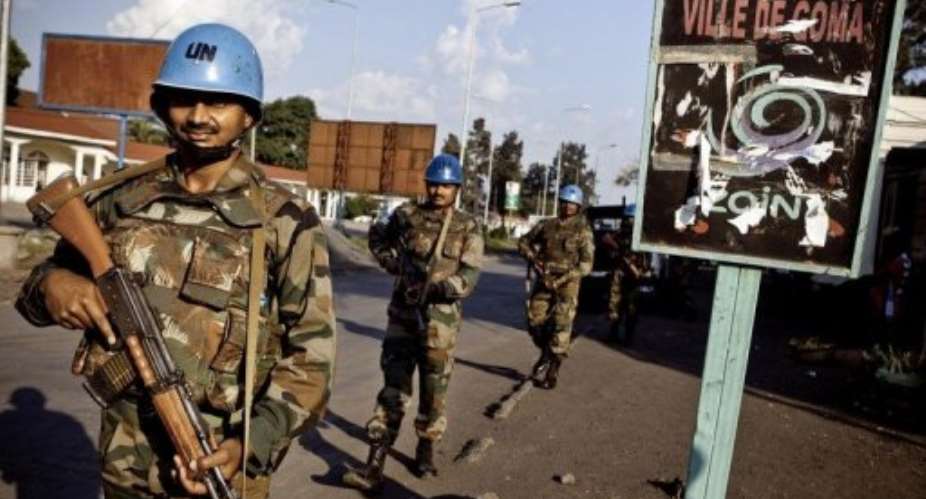 Indian soldiers from the UN mission in DR Congo patrol in Goma, North Kivu province in 2010.  By Gwenn Dubourthoumieu AFPFile