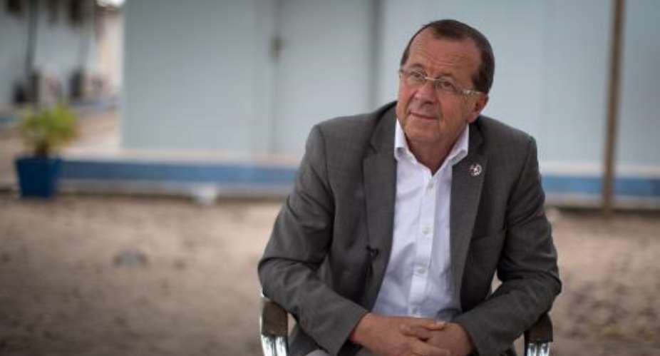 Martin Kobler, head of the United Nations Organization Stabilization Mission in the Democratic Republic of Congo, looks on during an interview in Kinshasa on April 19, 2015.  By Federico Scoppa AFP