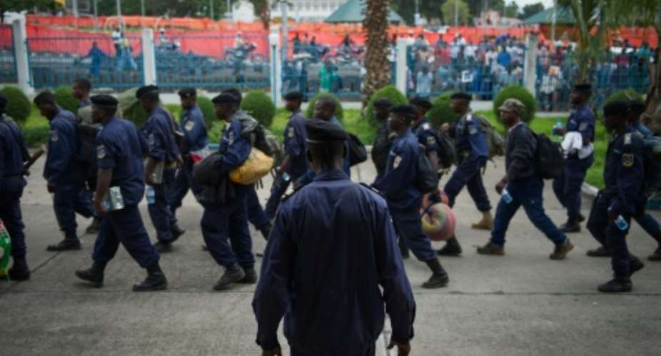 Congolese police patrol the streets of Goma in 2012.  By Phil Moore AFP