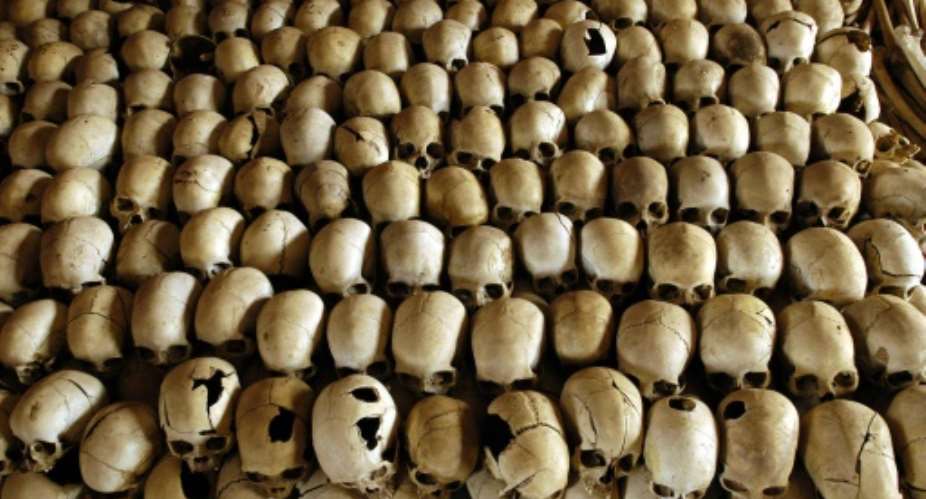 Skulls of victims of the Ntarama massacre during the 1994 genocide are displayed in the Genocide Memorial Site church of Ntarama.  By Gianluigi Guercia AFP