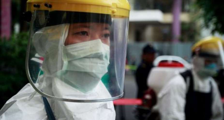 An anti-Ebola drill at the hospital for tropical diseases in Hanoi on November 7, 2014.  By Str AFP