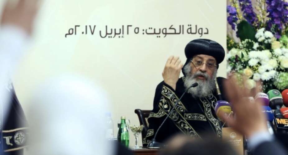 Egyptian Coptic Pope Tawadros II speaks during a press conference in Kuwait City on April 25, 2017.  By Yasser Al-Zayyat AFP