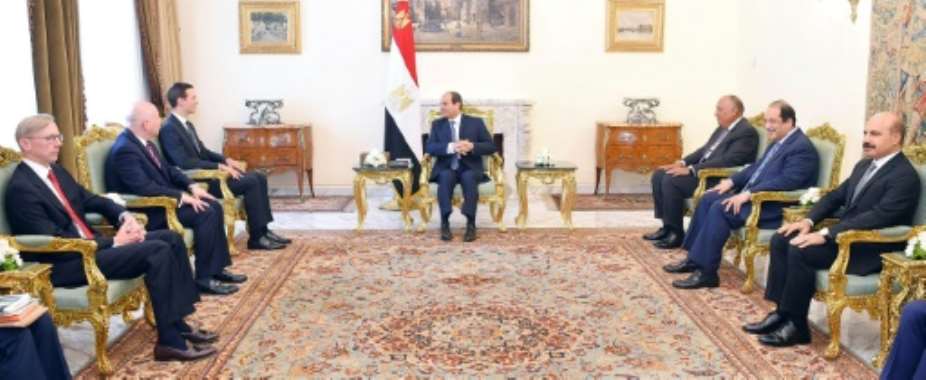 Egyptian President Abdel Fattah al-Sisi C met Thursday with US advisor Jared Kushner 3rd-L, shown here in an photo released by Sisi's office.  By STRINGER EGYPTIAN PRESIDENCYAFP