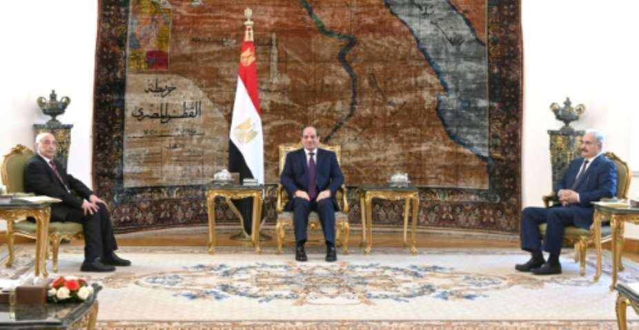 Egyptian President Abdel Fattah al-Sisi with Libyan strongman Khalifa Haftar R and parliament speaker Aguila Saleh in the capital Cairo at the weekend.  By - EGYPTIAN PRESIDENCYAFP