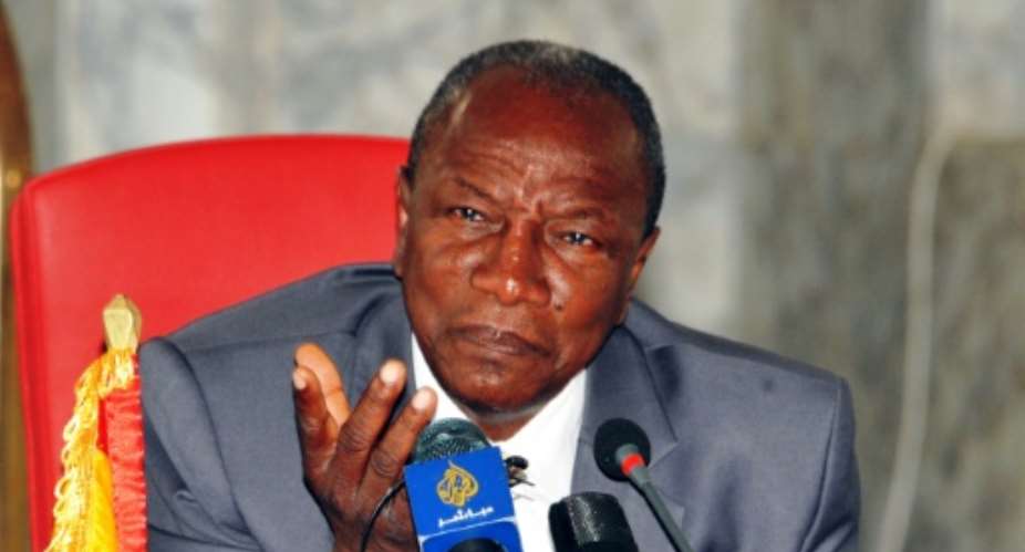 Guinea's President Alpha Conde gestures during a press conference on August 27, 2015 at the presidential palace in Conakry.  By Cellou Binani AFPFile