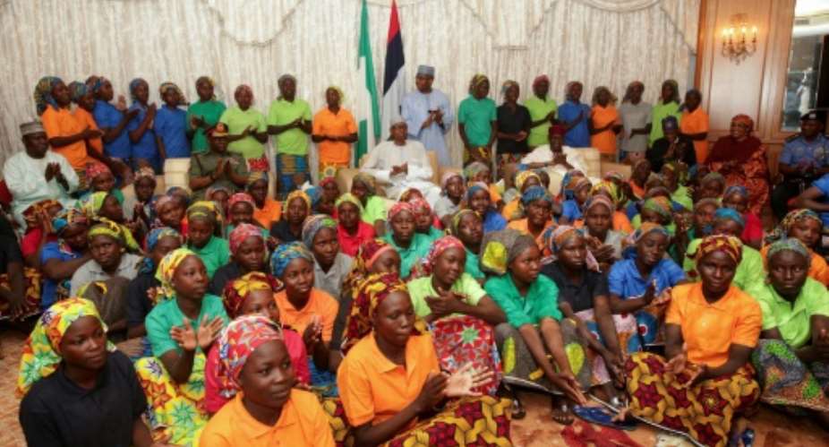 Eighty-two Nigerian schoolgirls, seen here, were released earlier this month as part of a prisoner swap deal with Boko Haram, the Islamist group which kidnapped 276 of them in April 2014.  By SUNDAY AGHAEZE PGDBAHND Mass CommunicationAFPFile
