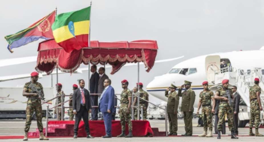 Eritrea President Isaias Afwerki and Ethiopia Prime Minister of Abiy Ahmed met on the tarmac at Addis Ababa airport.  By MAHEDER HAILESELASSIE TADESE AFP
