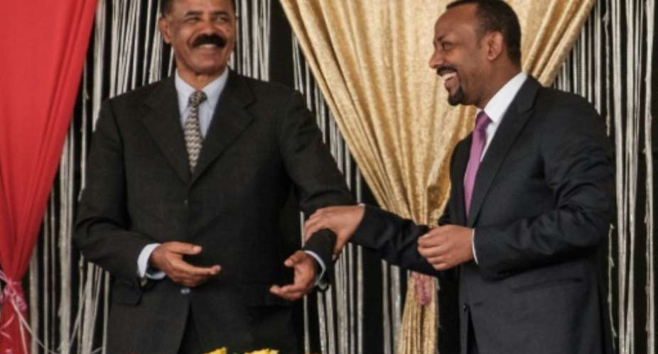 Eritrea's President Isaias Afwerki L and Ethiopia's Prime Minister Abiy Ahmed first met last year.  By EDUARDO SOTERAS AFPFile