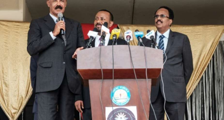 Eritrea's President Isaias Afwerki L, Ethiopia's Prime Minister Abiy Ahmed C and Somalia's President Mohamed Abdullahi Mohamed met in northern Ethiopia to push for regional economic development.  By EDUARDO SOTERAS AFPFile