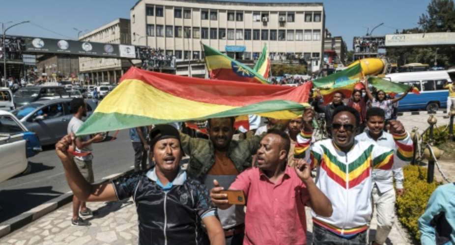 Ethiopians demonstrate in November 2020 in support of the armed forces amid an offensive in the Tigray region.  By EDUARDO SOTERAS AFPFile
