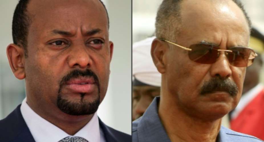 Ethiopia's Prime Minister Abiy Ahmed, on the left, and Eritrean President Isaias Afwerki signed a declaration ending the state of war between the two countries on July 9.  By Sumy SADRUNI, ASHRAF SHAZLY AFPFile
