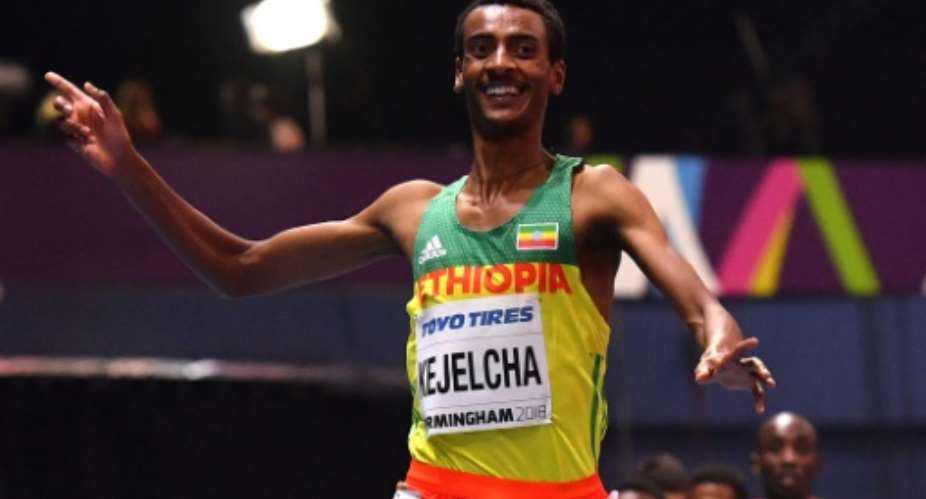 Ethiopia's Yomif Kejelcha, shown winning last year's world indoor 3,000m title, won the mile Saturday at the Millrose Games with the second-fastest time in history, .01 off a world record.  By Ben STANSALL AFPFile
