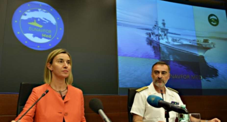EU foreign affairs chief Federica Mogherini gives a press conference to present the second phase of Operational Command of EUNAVFOR MED, at the EU headquarters in Rome on September 24, 2015.  By Andreas Solaro AFP